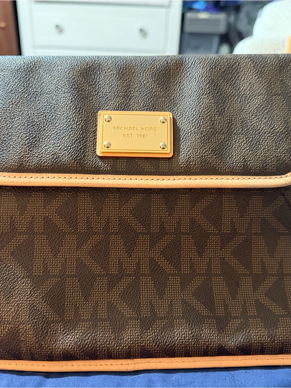 Michael Kors Brown Monogram Messenger with Tan Trim